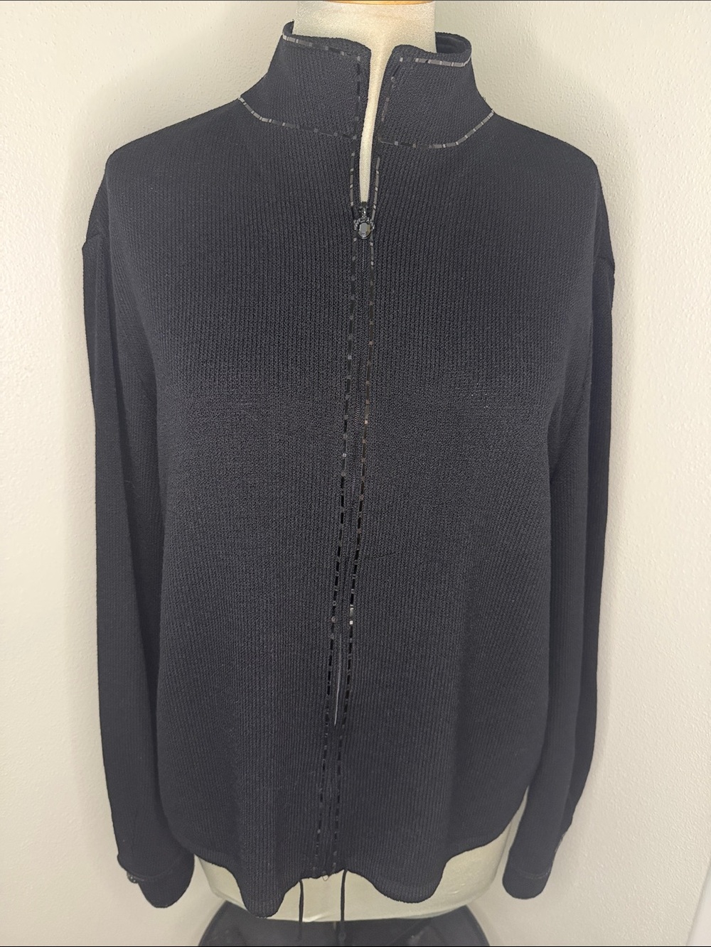 St John Sport Marie Gray black zip front knit sweater beaded trim medium m